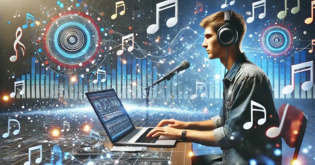 Musician using a laptop to navigate streaming services, with musical notes and analytics screens in the background.