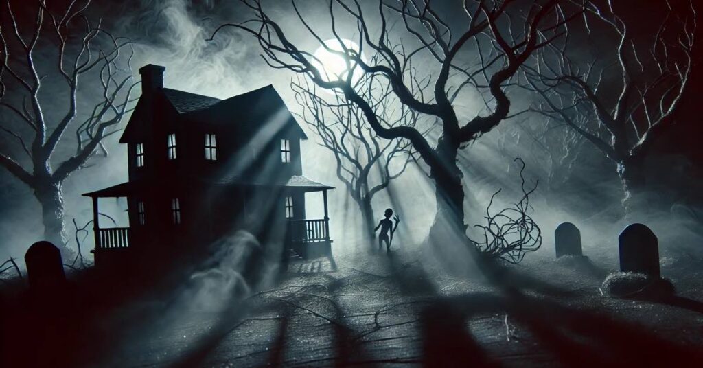 Dark, foggy forest at night with a haunted house in the background.