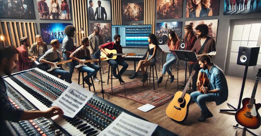 Musicians and composers collaborating in a modern recording studio on a TV show theme song.