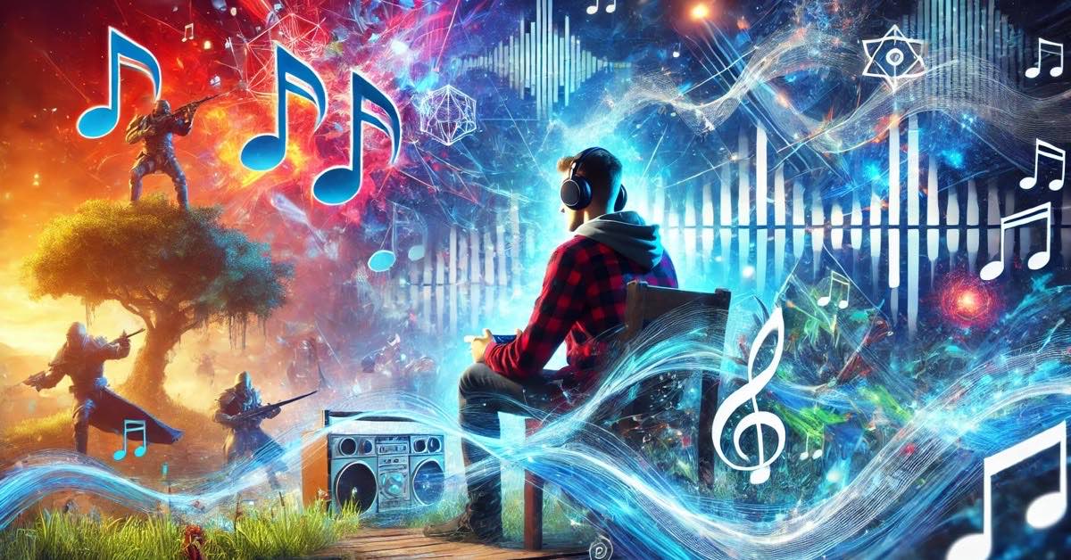 Gamer immersed in playing video game with musical notes and waveforms swirling around, against a background blending a fantasy forest, futuristic city, and mystical landscape.