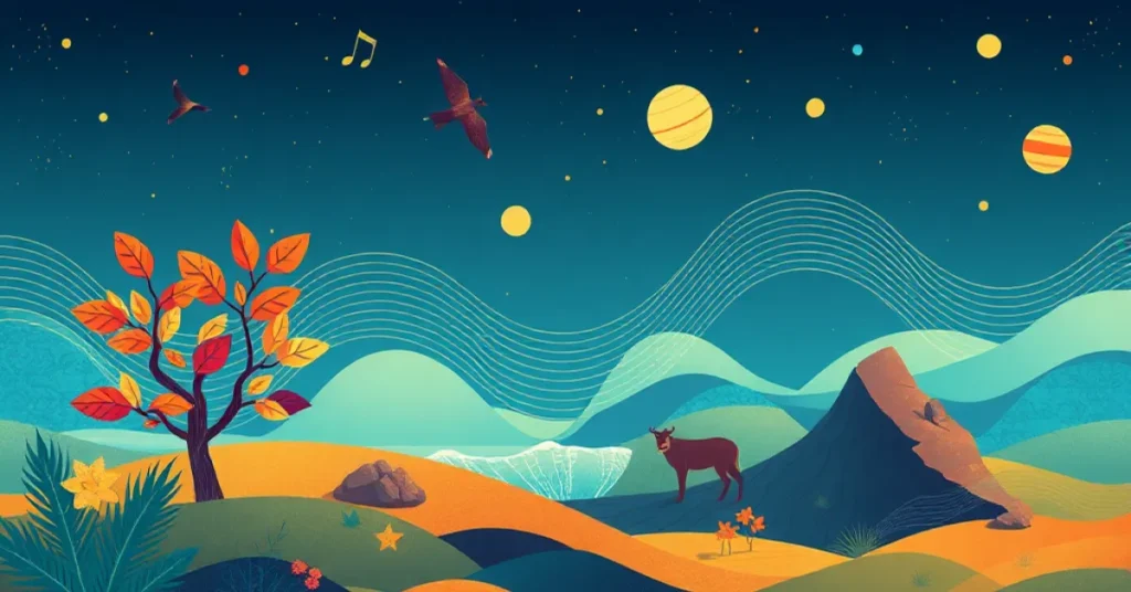 An abstract representation of ambient sounds in interactive media, featuring elements of Australian nature.