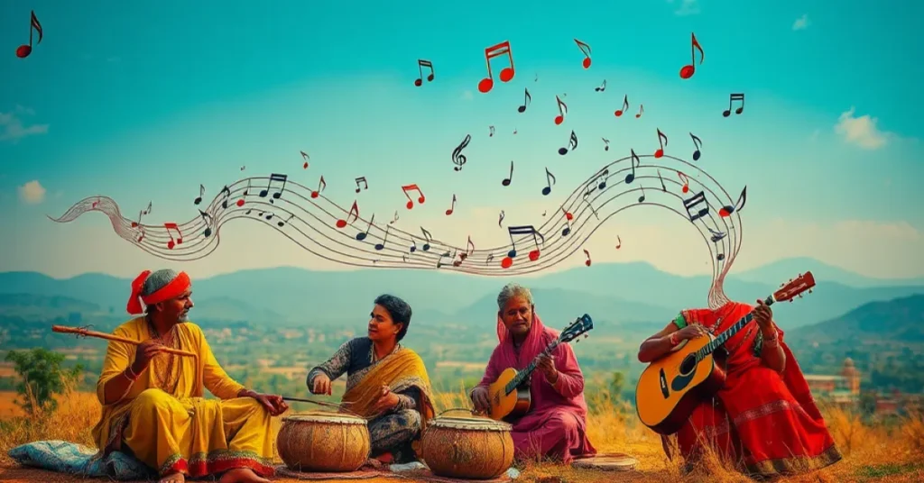 An artistic representation of musicians playing in a cultural landscape, symbolizing the role of music in documentaries.