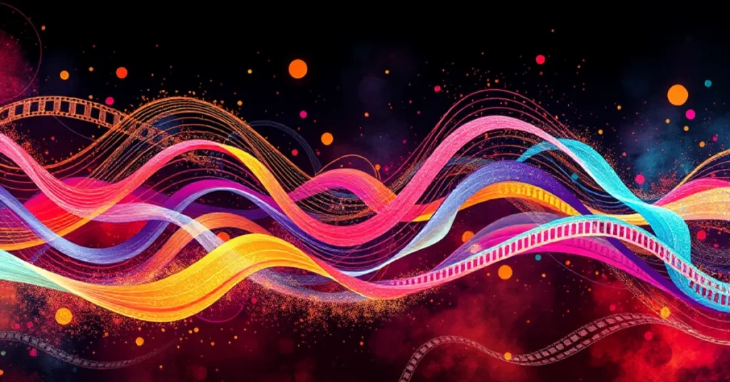 Abstract visualisation of sound waves merging with film elements to represent the concept of custom soundtracks enhancing video projects.