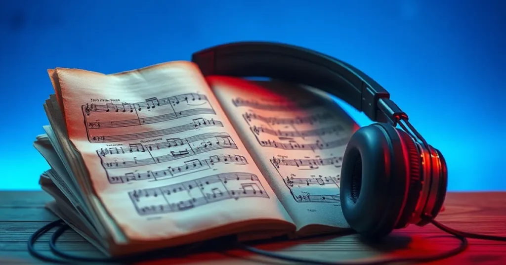 An abstract representation of the fusion between historical music and modern film production tools, symbolising the creativity behind using public domain music.