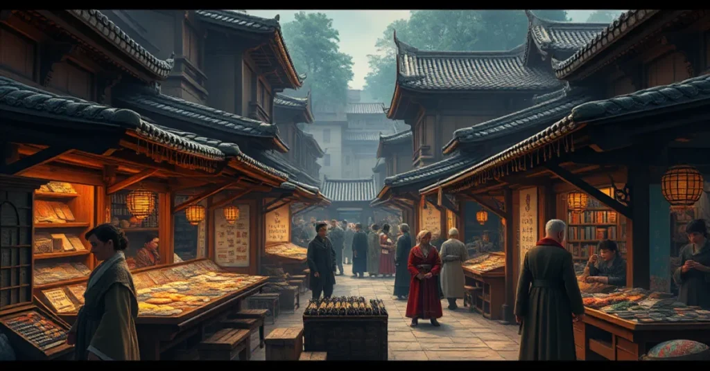 3D rendering of a lively historical market scene depicting characters in vintage clothing.