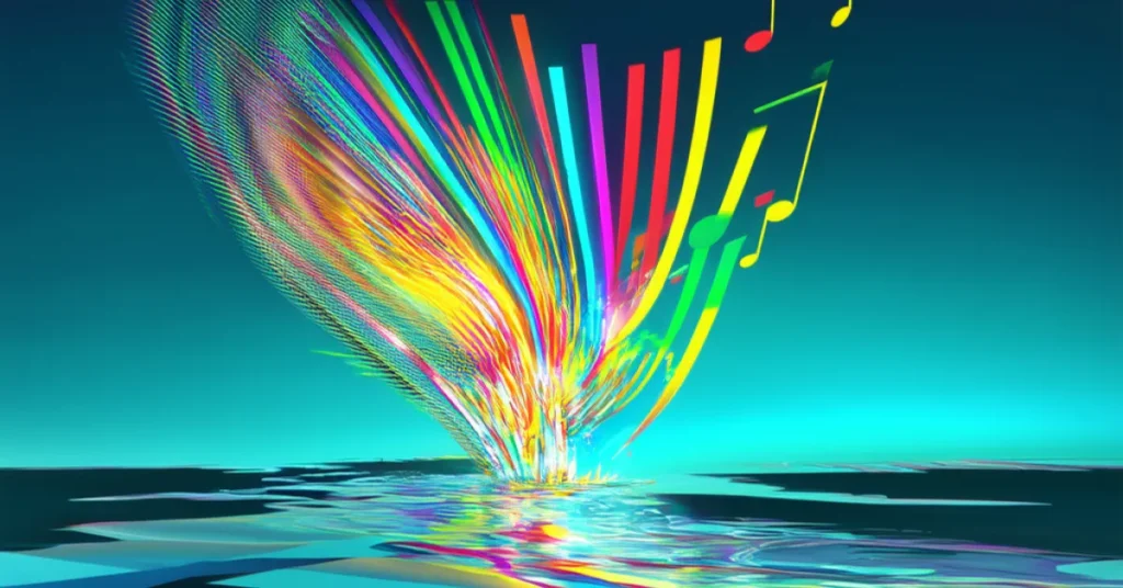 Abstract representation of sound waves transforming into vibrant colours, symbolising the emotional connection of iconic jingles.