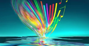 Abstract representation of sound waves transforming into vibrant colours, symbolising the emotional connection of iconic jingles.