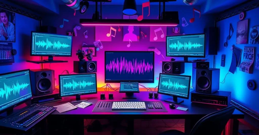 A modern workspace with music production equipment and creative elements.