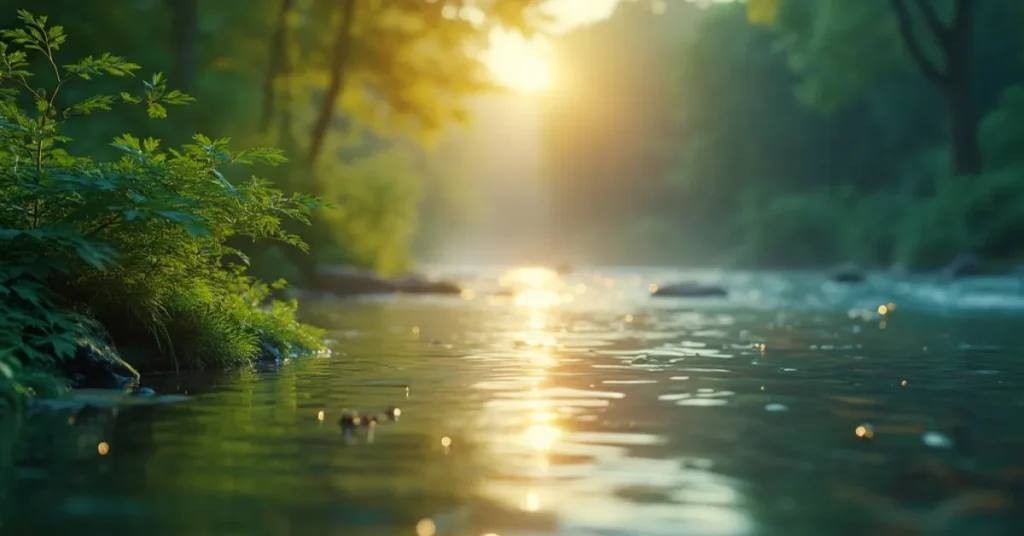 A serene nature scene with lush greenery and a calm river, symbolising the beauty enhanced by ambient music.