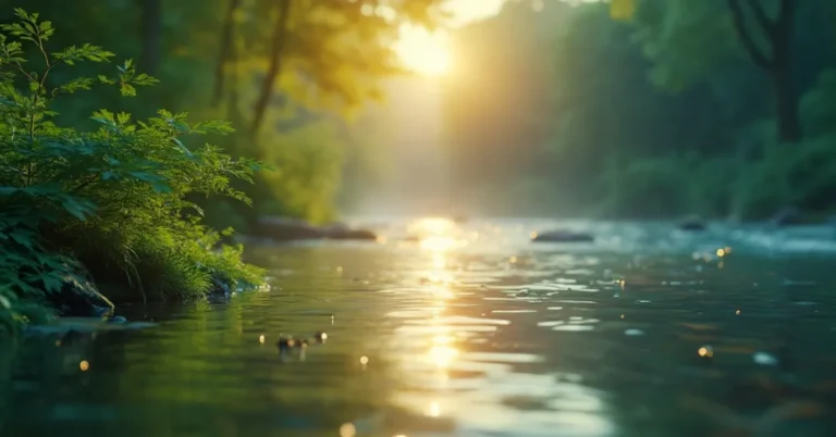 A serene nature scene with lush greenery and a calm river, symbolising the beauty enhanced by ambient music.