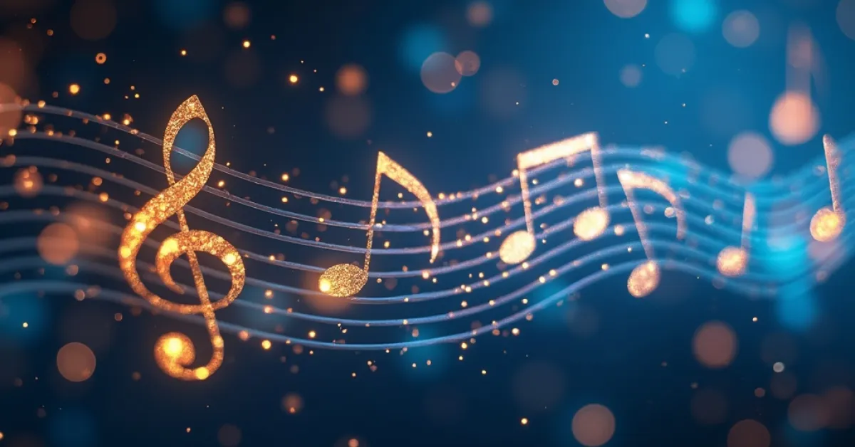 Film set illuminated with musical notes representing cinematic background music.
