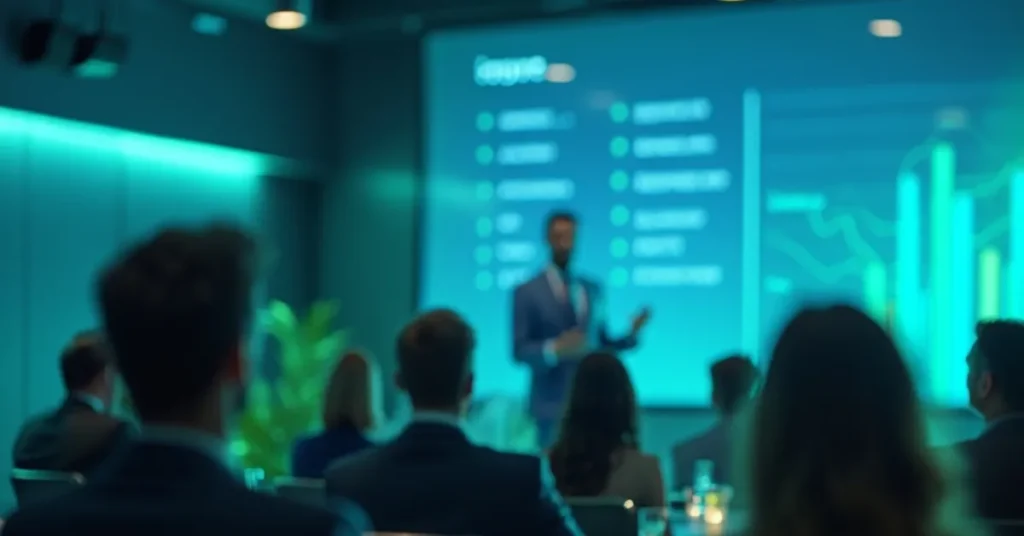 A formal corporate presentation scene highlighting audience engagement.