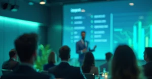 A formal corporate presentation scene highlighting audience engagement.