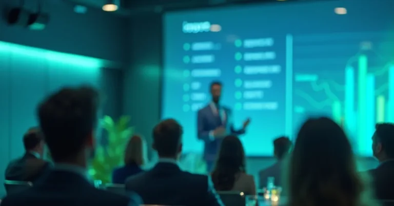 A formal corporate presentation scene highlighting audience engagement.