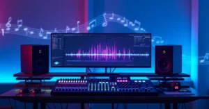 A modern electronic music studio showcasing vibrant hues and professional gear.