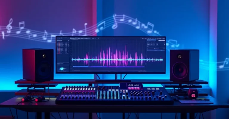 A modern electronic music studio showcasing vibrant hues and professional gear.